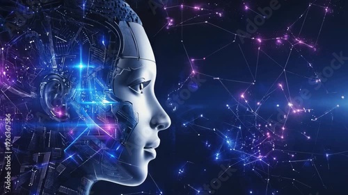 Futuristic AI Robot Profile with Glowing Digital Neural Network Connections, 4K video