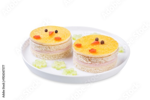 Ham cheese omelette sandwich in the form of chick on a white isolated background