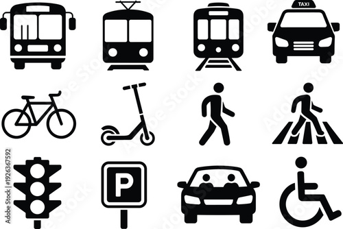 Black transportation and accessibility icons set with bus, tram, train, taxi, bicycle, scooter, pedestrian, traffic light, parking, carpool, and wheelchair symbols