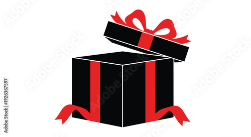 An open black gift box tied with a vibrant red ribbon