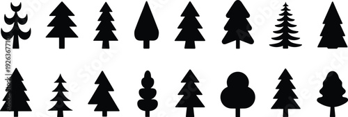 Collection of sixteen black tree silhouette icons featuring coniferous and deciduous designs, nature symbols for environmental graphics, forestry education, and creative design resources