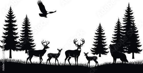 Forest Wildlife Silhouette with Deer Family Wolf and Eagle Vector Illustration of Wild Animals in Pine Tree Nature Background for Design,