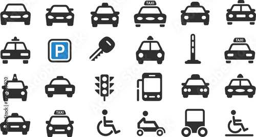 Grid of transportation and mobility icons including cars, taxis, buses, police vehicles, parking, traffic lights, wheelchair accessibility, and scooter symbols for signage and design resources