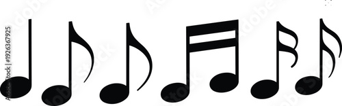 Music theory rhythm notes illustration showing progression from quarter note to sixty-fourth note, educational chart for learning musical notation and rhythmic values