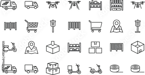 A collection of detailed line icons represents various logistics, delivery, shipping, and warehousing operations.
