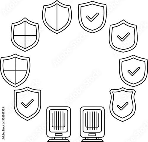 Ten outline shields featuring various internal division lines and checkmarks are arranged in a circular flow pattern around two identical electronic devices.