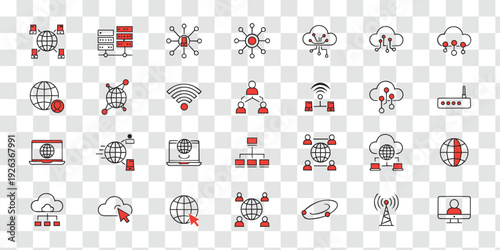 Global Network and Cloud Computing Icons Set Technology, Data and Internet Line Vectors