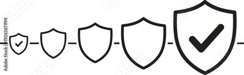A row of five shield icons demonstrates increasing security levels with a checkmark on the largest one.