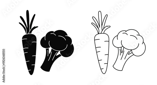 Simple black and white illustration of carrots and broccoli vegetables