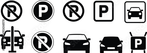 Parking and vehicle icons set with no parking, car silhouettes, portable parking sign, traffic signage, automotive symbols, and transport illustrations for urban planning