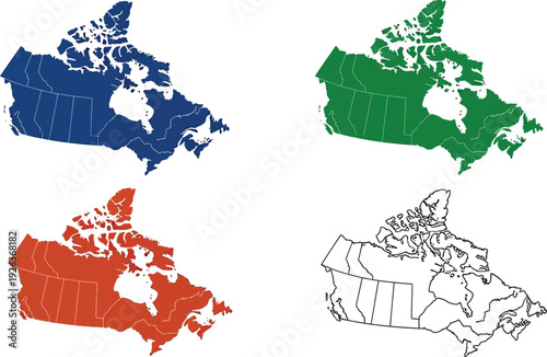 Four distinct map outlines of Canada are displayed using solid fills in blue, green, red, and a final black and white line drawing.