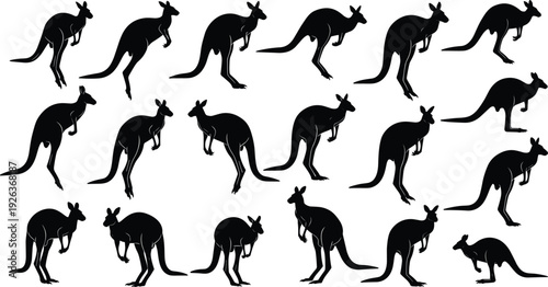 Kangaroo Silhouette Vector Set with Australian Wildlife Animal Illustrations of Jumping Hopping and Standing Poses for Outback Nature Graphic Design Projects,