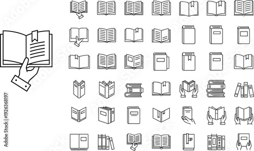 Comprehensive Book Icon Set with Line Art Symbols for Reading, Education, Library, Literature, Publishing, E-learning, Hand Holding Book, and Academic Study Vectors