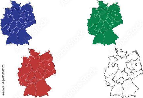 Four colored and outlined maps representing German federal states are displayed in blue, green, red, and simple line formats against a white canvas.