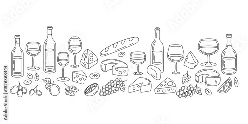 Line of wine and cheese including bottles, glasses, cheese wedges, grapes, and bread stock