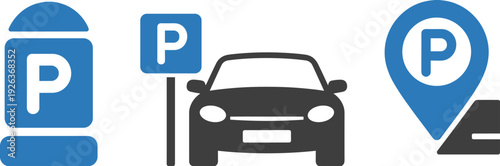 Parking icons set with meter, car and map pin, blue signage illustrations for transport, navigation apps, traffic design, urban planning, and automotive graphics