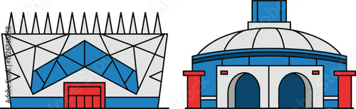 Modern Stadium and Dome Arena Building Flat Vector Illustration with Sports Architecture Exterior for Event Venue, City Landmark, and Urban Infrastructure Design