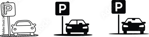 Stylized car parking zone illustrations with signage, black silhouette vehicles and line drawing icons for transportation, urban planning, traffic design, instructional materials, and signage concepts