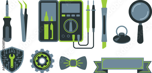 Tech Dad electronic repair tool elements with bit driver tweezers multimeter spudger in neon green dark graphite cool slate for modern technology branding design
