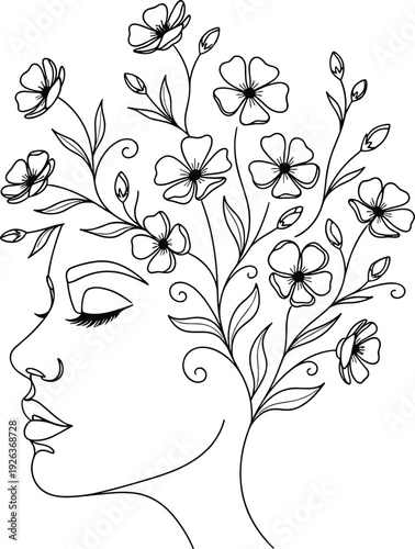 Woman Face Profile Line Art with Blooming Flowers Growing from Hair Vector Illustration for Beauty Wellness Floral Design and Minimalist Art,