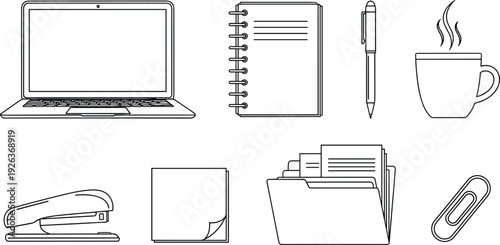 Office and Workspace Line Icon Set with Laptop, Notebook, Pen, Coffee Cup, Folder, Stapler, and Paper Clip Outline Vector Collection