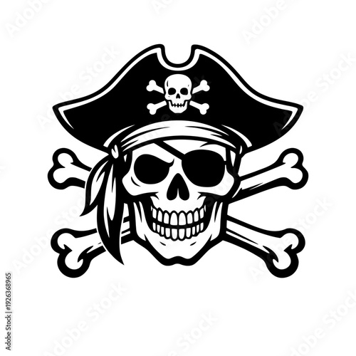 Classic Pirate Skull & Crossbones Emblem with Eyepatch and Tricorn Hat Vector Illustration – Iconic Jolly Roger Design in Bold Black and White for Nautical Themes, Adventure, Maritime Graphics, and Sw