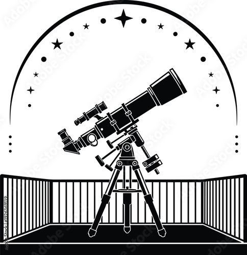 Astronomical telescope silhouette on tripod observing starry night sky, representing stargazing activity, astronomy science exploration, space observation equipment, and cosmic discovery concept.