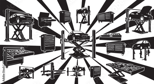 Black and white illustration of various market stalls displayed