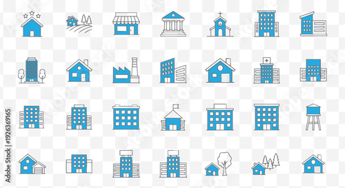 Blue Outline Building Icons Set. Modern Line Art Vector Collection of City, Residential, Commercial, and Public Service Architecture Symbols.
