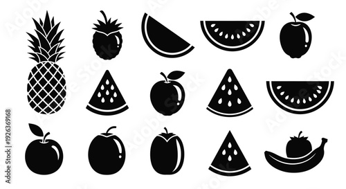 Black silhouettes of various fruits including pineapple watermelon and apples