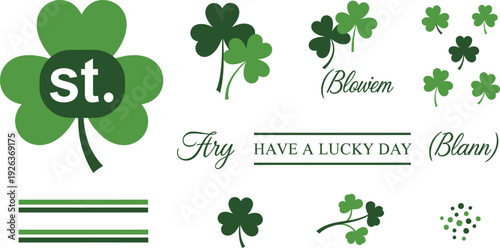 An assortment of green graphic elements featuring stylized shamrocks and text phrases related to luck and celebration for Saint Patrick's Day.