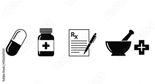 Medical icons depicting pills prescriptions and pharmacy tools in black