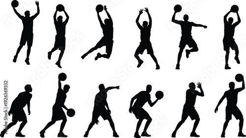 Basketball player silhouettes collection with dynamic dribbling, shooting and jumping poses representing professional sport action, team competition and athletic training concept isolated on white  
