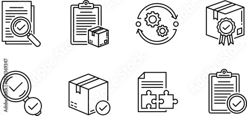Quality Control and Verification Line Icon Set with Checklist, Package Approval, Certificate, Process Management, and Audit Symbols Vector Collection