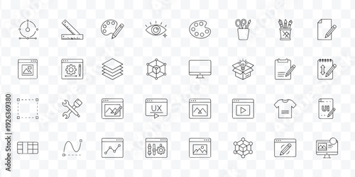 Creative Design and Development Line Icons Set UI UX, Web, Graphic Art Tools and Digital Project Outline Pack