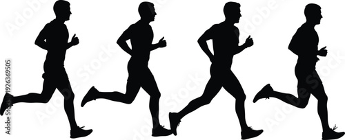 Running man silhouette collection vector illustration, male athlete jogging sprinting poses, black fitness sport figure isolated set