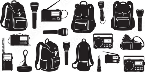 Collection of backpacks, radios, and microphones in black outline
