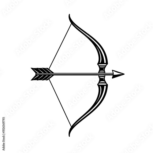 Elegant Black & White Archery Bow and Arrow Illustration: A Timeless Emblem of Precision, Skill, Hunting, Sport, and Ancient Weaponry. Perfect Vector Graphic for Target Practice, Traditional Design, a