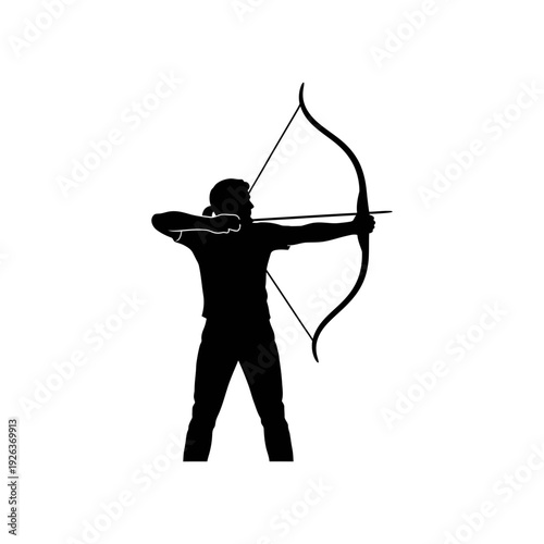 Focused archer taking aim with bow and arrow in motion