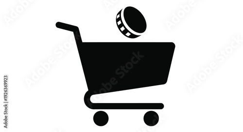 A simple black and white icon depicting a shopping cart with a cricket ball