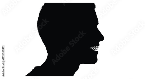 Silhouette of a man's profile facing right with an open mouth speaking