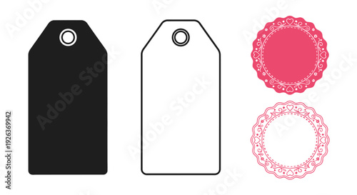 Three decorative tags black white and pink with ornate heart details
