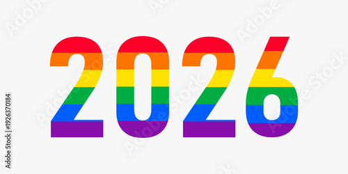 2026 year typography filled with the LGBT rainbow pride flag colors on white background