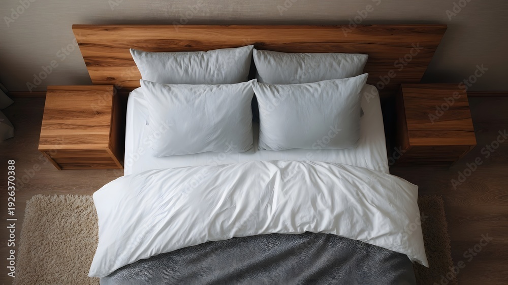 Obraz premium Overhead view of a modern minimalist bedroom with a wooden headboard and nightstands