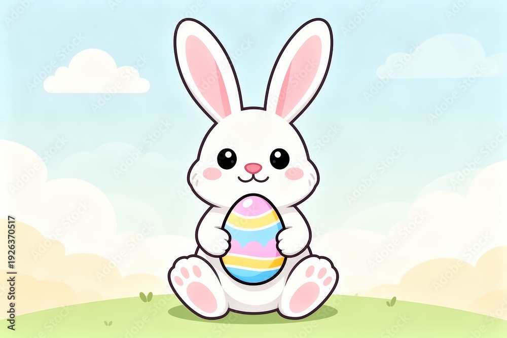 Fototapeta premium Cute cartoon bunny with easter egg in pastel spring landscape