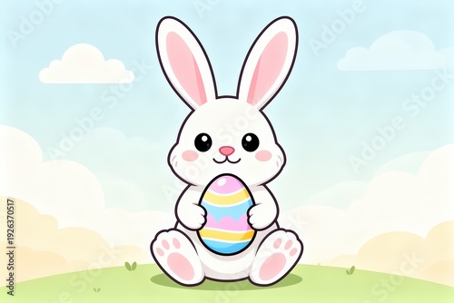 Cute cartoon bunny with easter egg in pastel spring landscape