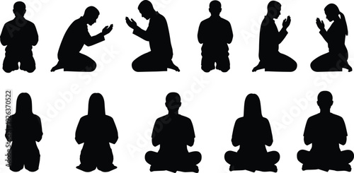 Collection of black silhouettes featuring men and women in various prayer positions kneeling sitting and meditating isolated on white background