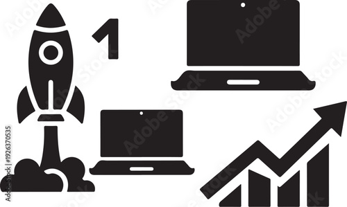 Business growth and technology concept with laptops and rocket