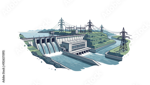 Illustration of a hydroelectric dam with a powerhouse and transmission towers on a riverbank with green grass and a white background.
