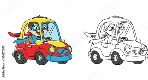 Kids coloring page of a cute cartoon superhero boy driving a red toy car. Vector illustration with colorful and black and white line art versions.